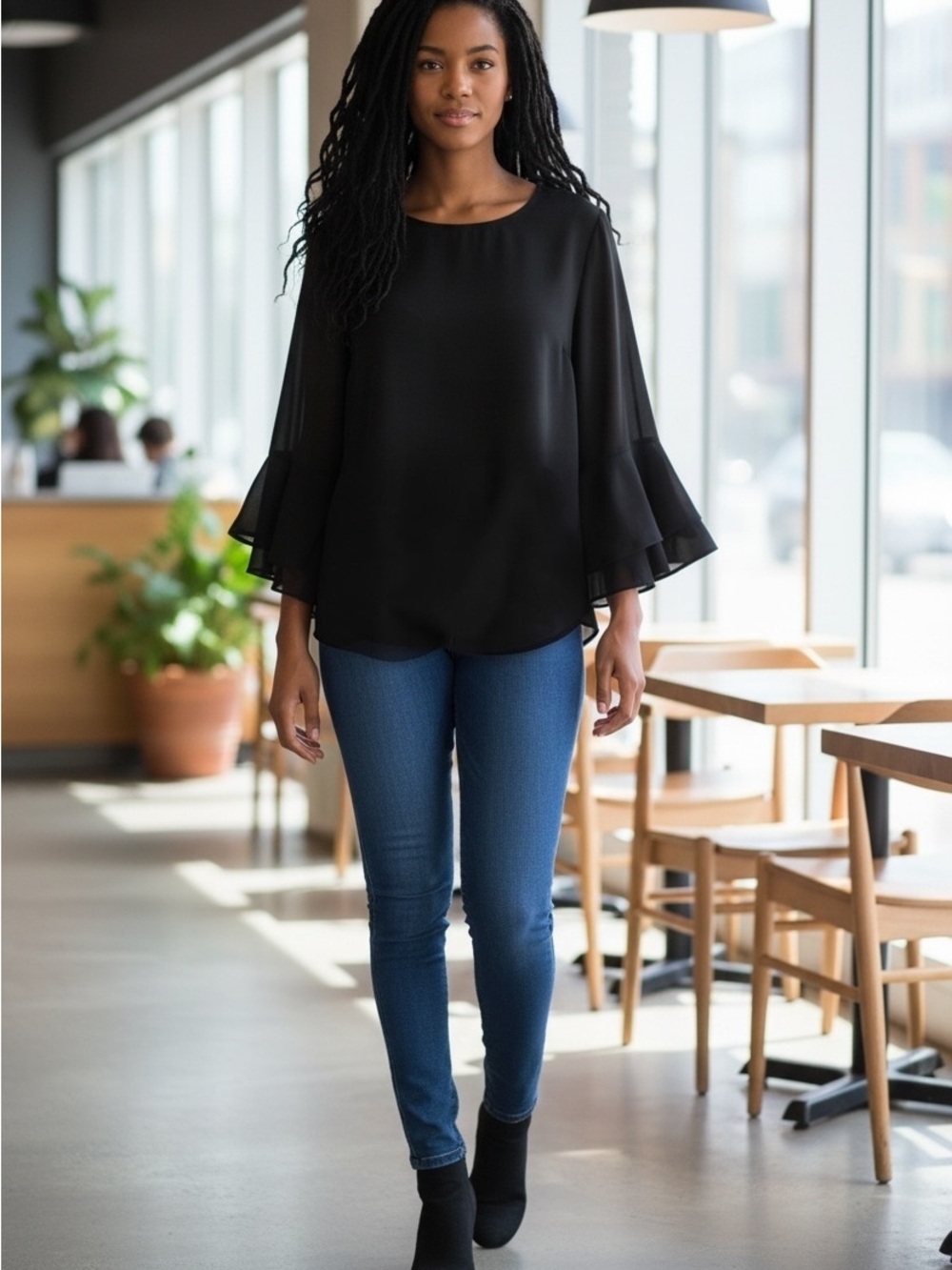 Joan Rivers Black Layered Ruffle-Sleeve Blouse